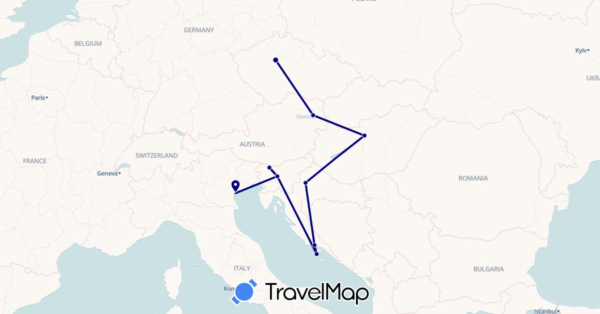 TravelMap itinerary: driving in Austria, Croatia, Hungary, Italy, Slovenia (Europe)